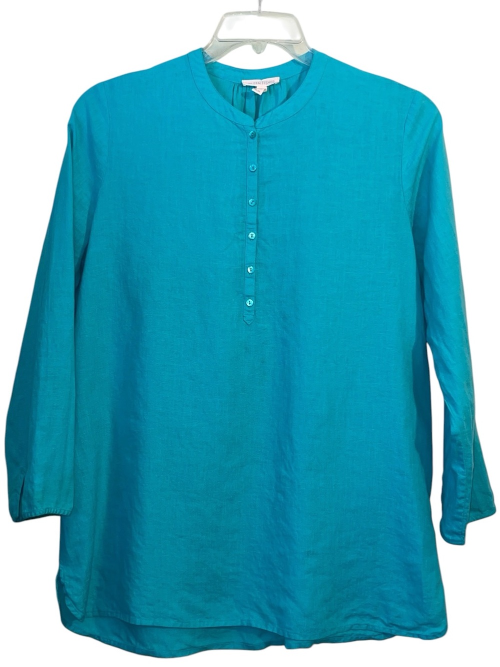 Eileen Fisher teal linen tunic with mandarin style collar. Size medium GUC
